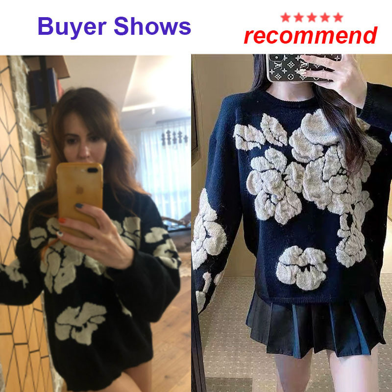 Autumn Winter Floral Print Sweater Women Knitted Pullover Femme Sweaters High Quality Knitted Oversize black Sweater Jumper 201031