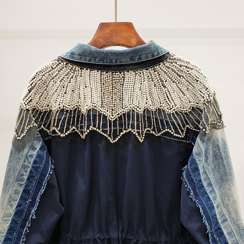 Spring European Patchowrk Industrial Shoulder Diamond Set Beads Cowboy Joint Waist Drawstring Mid-length Trench Coat 201017