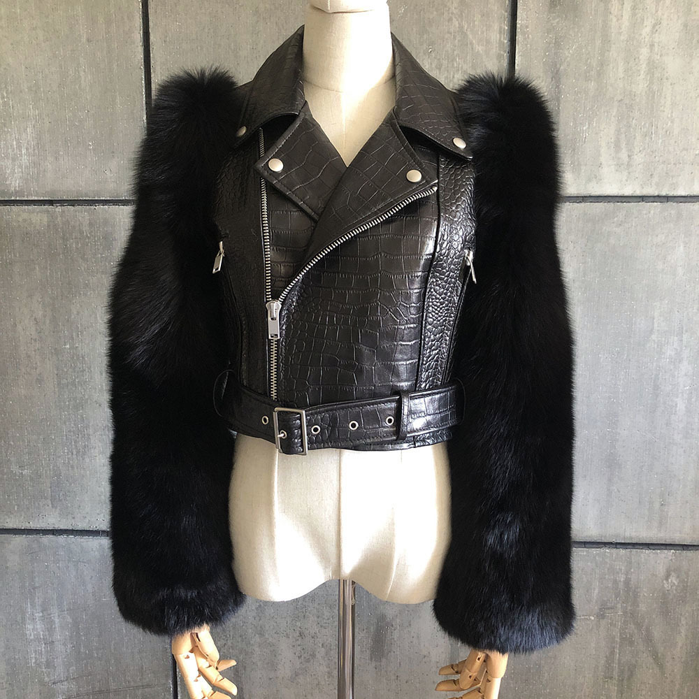 YOLOAgain Women Real Silver Fox Fur Sleeve Crocodile Pattern Genunie Leather Jacket Short 201224