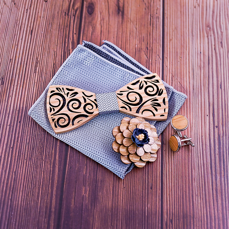 New White Wedding Bowtie Noeud Papillon Wooden Bow tie Pajaritas Cravat Bowties Female Male Brooch Cufflinks Tie set 201027