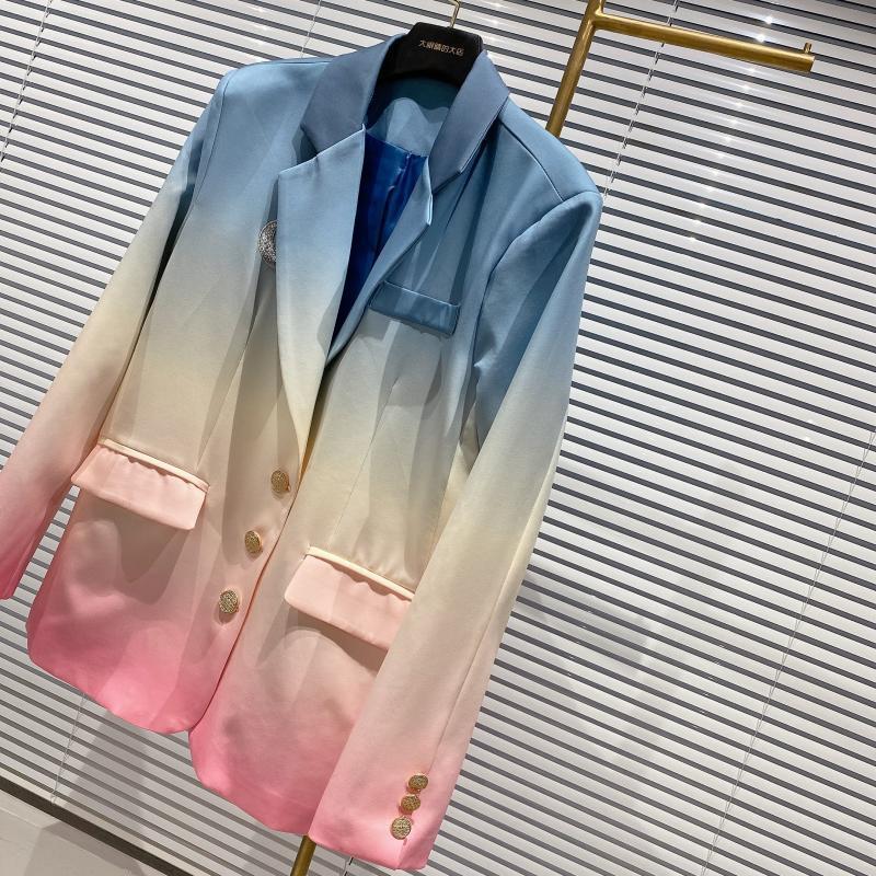 DEAT Autumn Winter Long Sleeve Notched Collar Patchwork Color Single Breasted Buttons Slim Blazer Women Coat MK297 201102