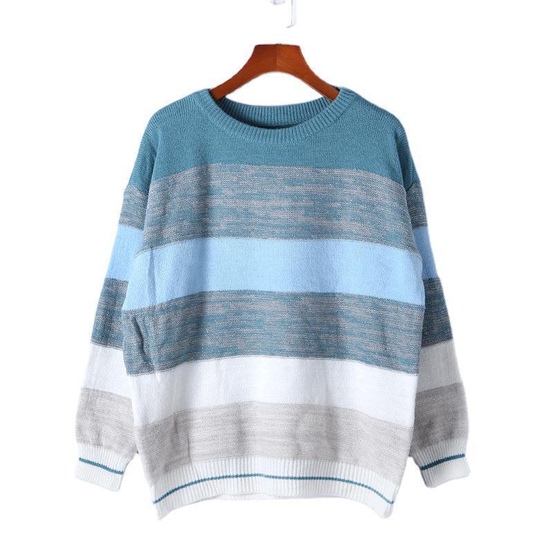 European and American Women's Fall/winter New Loose Round Neck Multicolor Stitching Sweater Top 201023