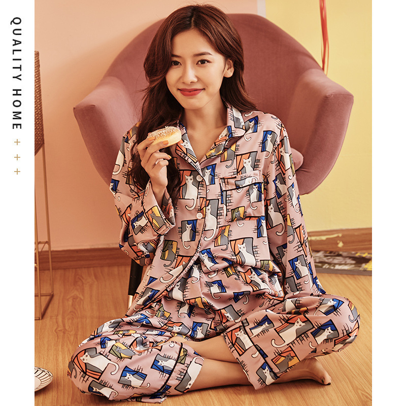 New Autumn Women Silk Satin Printing Pajamas Set Dot Long Sleeved Shirt and Trousers Home Service Suit Satin Pajamas for Women T200429