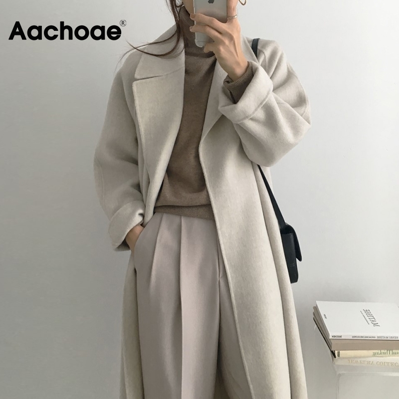 Aachoae Women Elegant Long Wool Coat With Belt Solid Color Long Sleeve Chic Outerwear Ladies Overcoat Autumn Winter 201112
