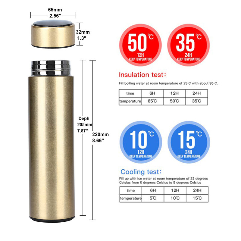 500ml Keep Water Bottle Thermal Thermos Temperature Display Vacuum Insulated Cup Stainless Steel Travel Coffee Mug Thermos Flask 201204