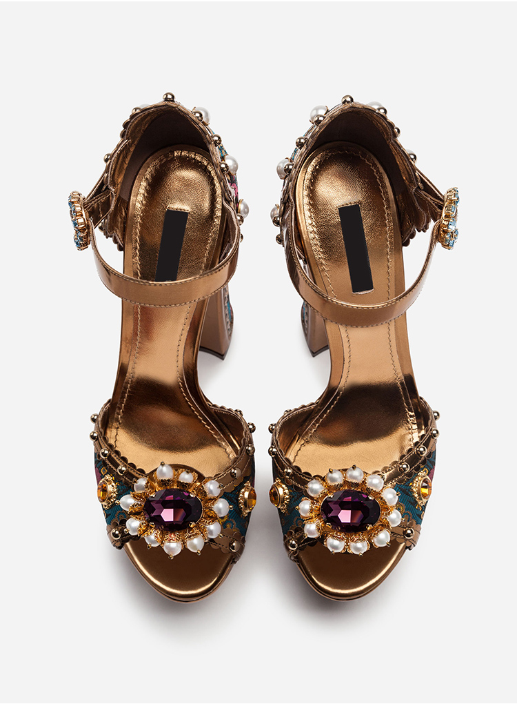 Fashion- Ladies diamond Pearl embroider 14CM Chunky high heel SANDALS 3CM flatform open peep-toes European American palace SHOES brown