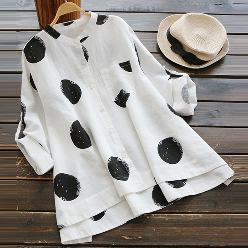 Zanzea Button Down Shirt Stylish Women's Blouse Vintage Cotton Linen Top Polka Dot Blusas Spring Tunic Tops Femme Plus Size Y200930