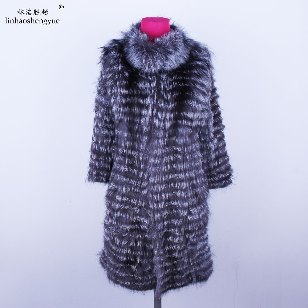 Linhaoshengyue NEW HOT Fox Fur Long Coat Wool Knit Liner With Stylish Stand Collar 201103