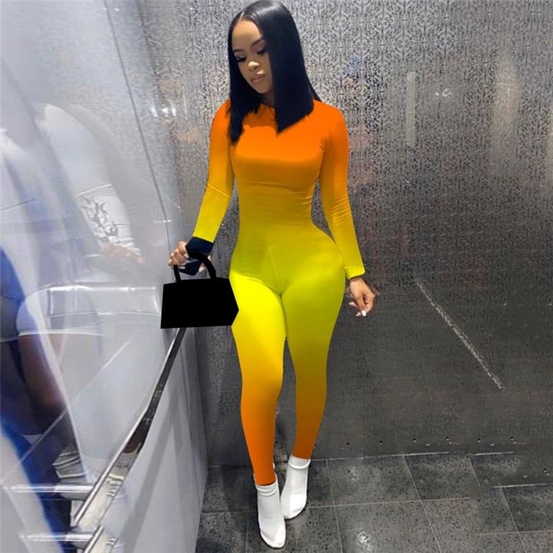 hirigin Women Gradient Print Long Sleeve Sport Bodycon Jumpsuit Bandage Skinny Jumpsuit Streetwear Autumn Winter Romper Outfits 201007