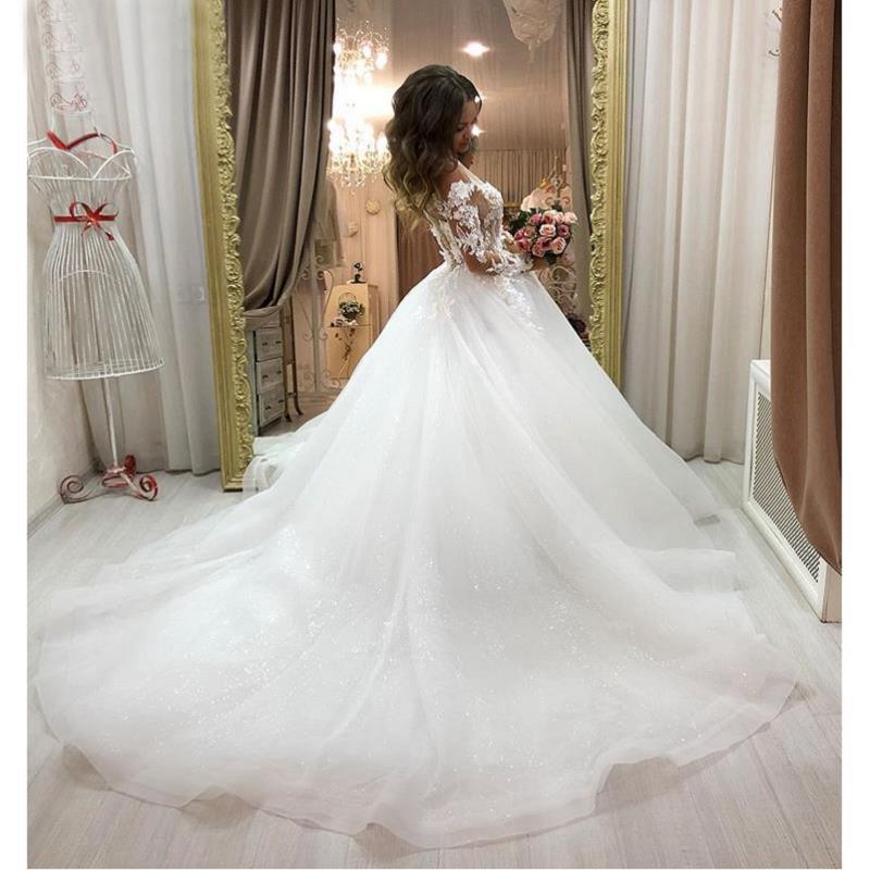 Luxurious Wedding Dresses White Tulle Organza Long Sleeves Floor-length Bridal Gowns A-line Lace Sweep Train Custom Made Robe De Mariee