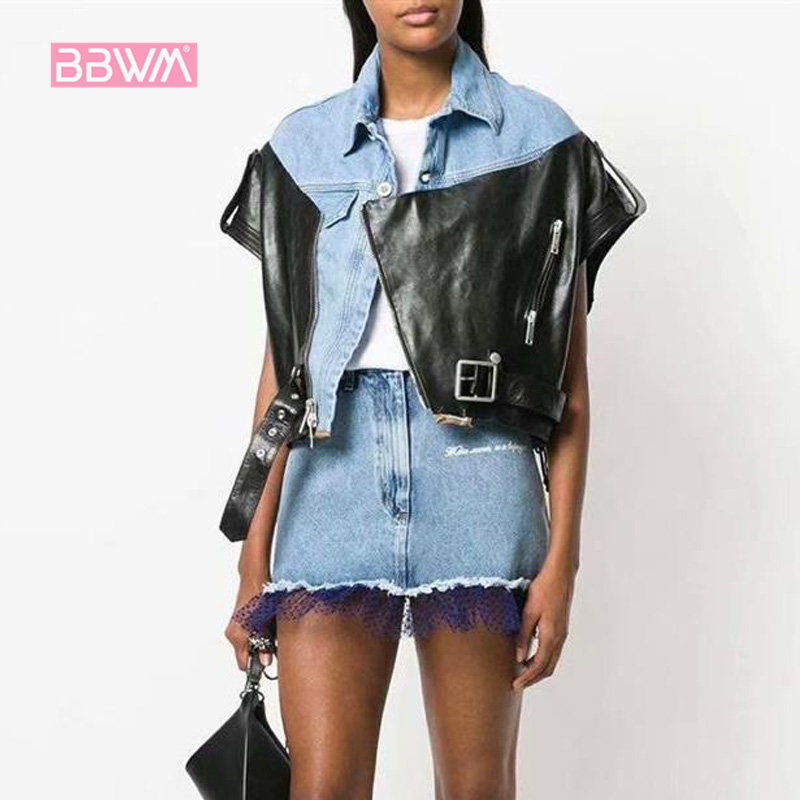 Denim stitching autumn temperament wild lapel leather sleeveless slimming zipper female jacket top 201029