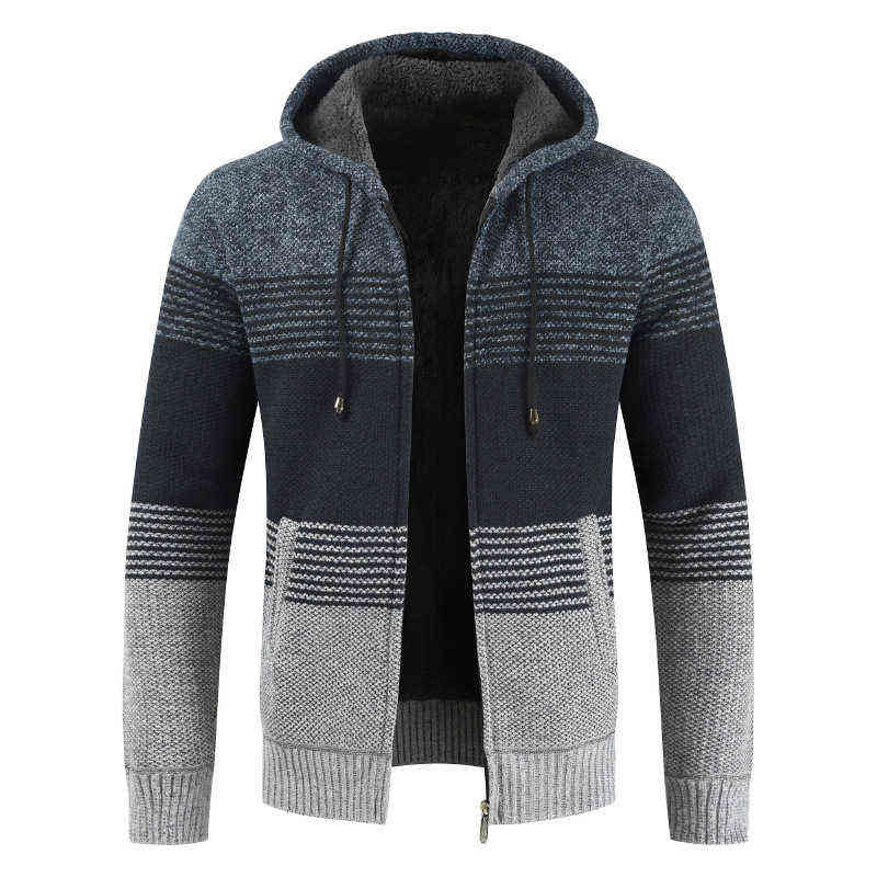 FALIZA Men's Sweater Coat Autumn Winter Thick Warm Hooded Stripe Wool Sweaters Cardigan Jumpers Zipper Fleece Coat Men XY103 220108