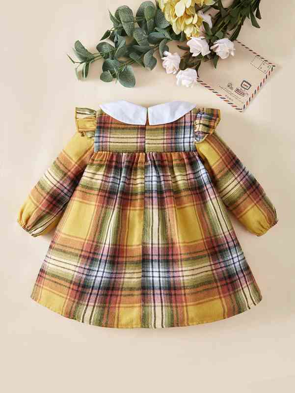 Baby Tartan Print Contrast Peter-pan Collar Ruffle Trim Dress SHE
