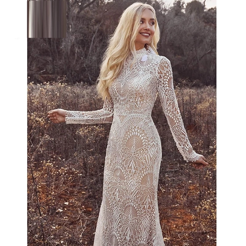 Vintage Crochet Lace Bohemian Wedding Dresses 2022 High Neck Long Sleeve Pastrol Mermaid Fishtail Bridal Gowns robe de mariée