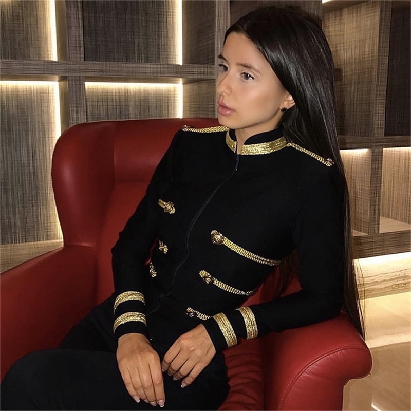 New Fshion Slim Jacket Bandage Long Sleeve Black Front Zipper Celebrity Party Bodycon Coats Women Vestidos Y201001