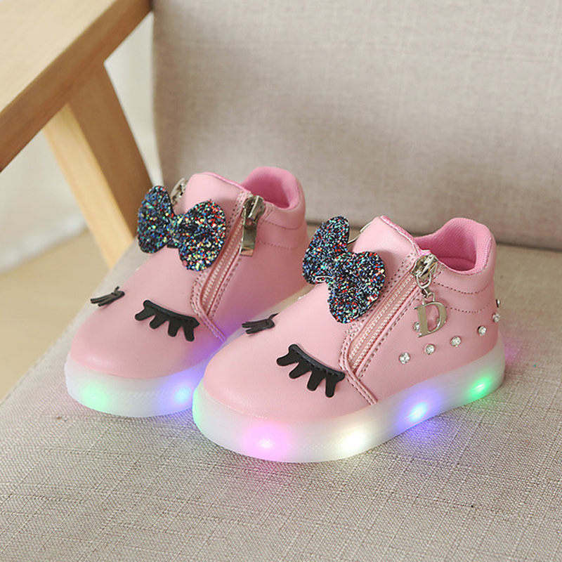 Size 21-30 Children Glowing Sneakers Kid Princess Bow for Girls LED Shoes Cute Baby Sneakers with Light Shoes Luminous 201112