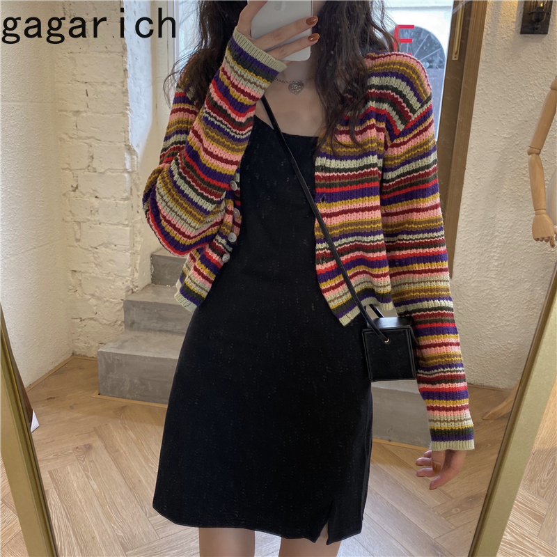 Ggarich Cardigan Women Autumn Outdoor Long-Sleeved Spring Autumn Short Slim V-neck Sweet Rainbow Striped Sweaters 201221