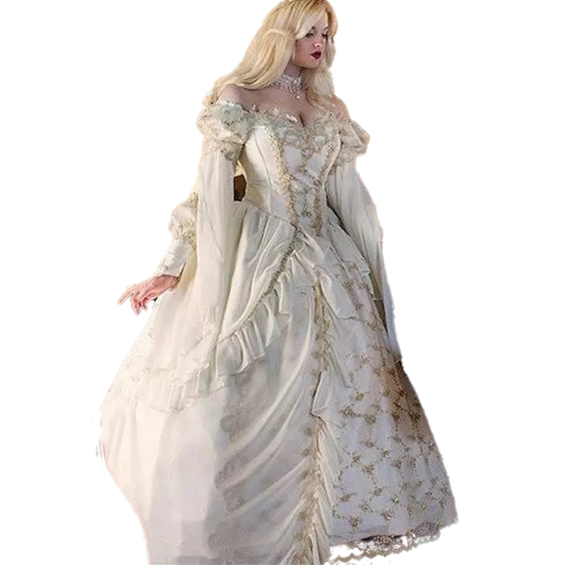 Vintage Medieval Victorian Wedding Dresses Gothic Ball Gown 2022 Ivory And Gold Lace Long Sleeve Lace-up Corset Masquerade Dress Plus Size Bride Caste