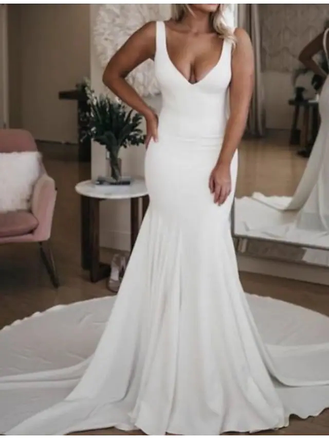 2022 Bridal Gown Mermaid Wedding Dresses V Neck Sweep Train Satin Simple Sexy Backless Plus Size Vestido De Noiva Robe De Mariage