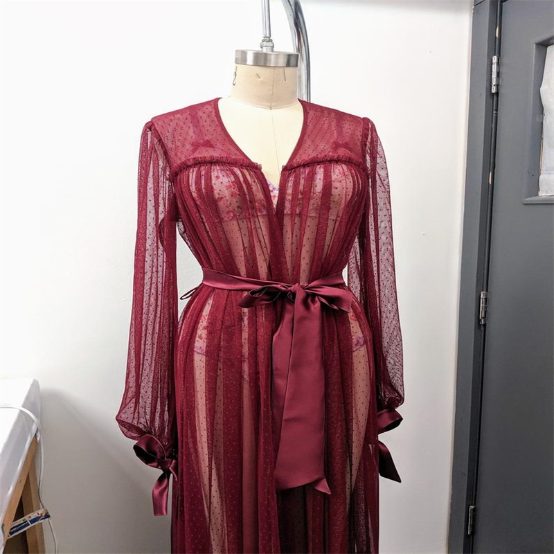 Real Image Red Night Gown Soft Tulle Dot Pajama Bathrobe Bride Sleepwear V Neck Long Sleeves Ribbon Robes Custom Made Girl Sleepwear Dresses
