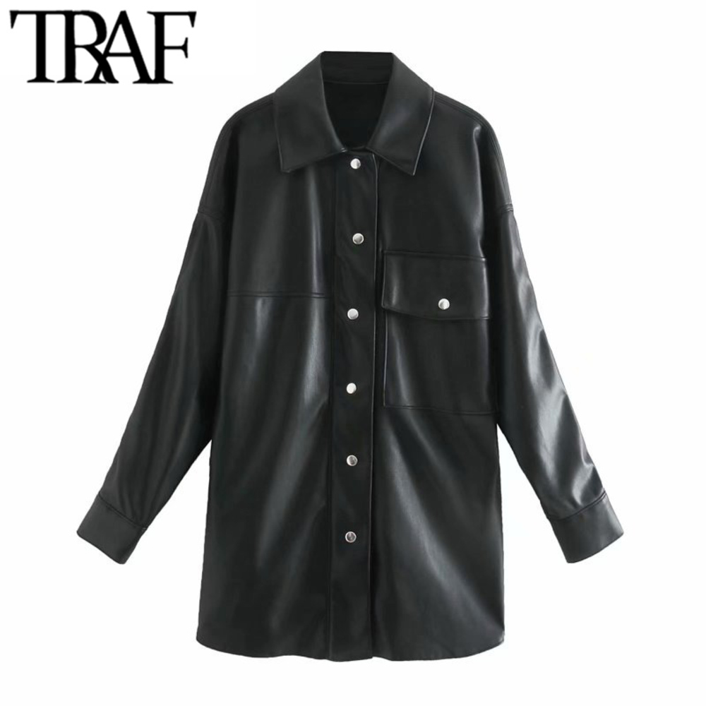 TRAF Women Fashion Faux Leather Pockets Oversized Jacket Coat Vintage Long Sleeve Side Vents Female Outerwear Chic Tops, As picture
TRAF Women Fashion Faux Leather Pockets Oversized Jacket Coat Vintage Long Sleeve Side Vents Female Outerwear Chic Tops, As picture