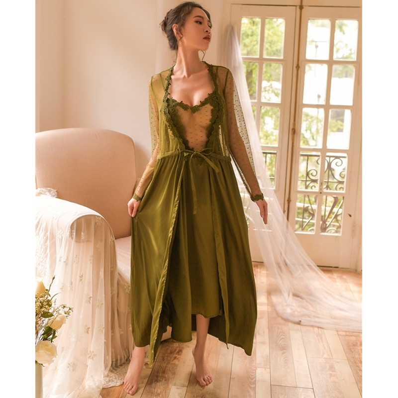 Sexy Women Robe Gown Set Twinset Bathrobe Night Dress Two Pieces Sheer Sleepwear See Through Long Robe Set Sex Nightwear H676 210203