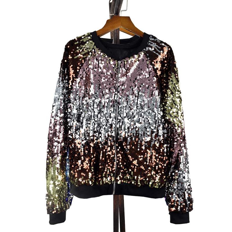 Ladies Autumn Sequin Bomber Jacket Casual Long Sleeve Front Zip Up Casual Coat with Ribbed Cuffs Party Festival Costumes 201017