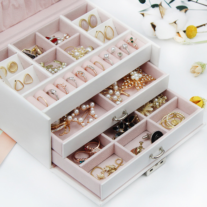 3-layers PU Jewelry Box Organizer Large Ring Necklace Display Makeup Holder Cases Leather Case With Lock For Women 220309