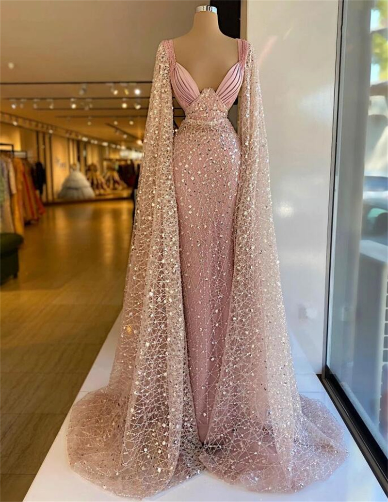 Bling Bling Mermaid Mermaid Prom Dresses Long Sleeves Sequins Evening Dress Custom Made Ruffles With Wrap Floor Length Party Gown