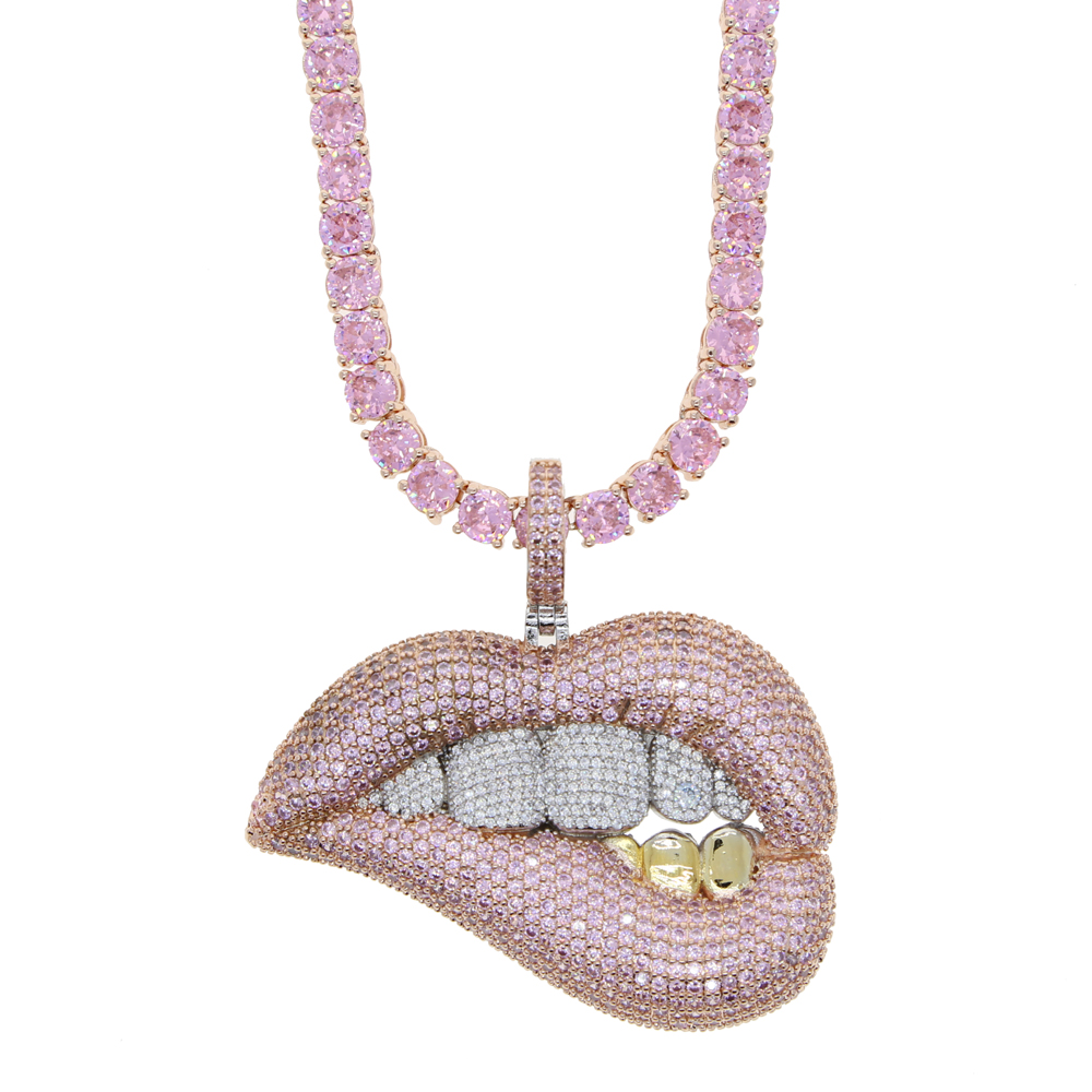 2021 Hiphop Iced Out Bling Clear Pink 5A Cubic Zirconia Big Drip Lip Pendant Necklace for Women Fashion Party Jewelry Wholesale