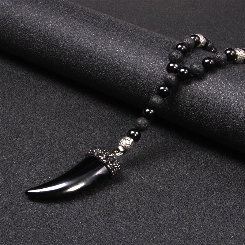 Tibetan Natural agat lava stone strand beads necklace Cow Bull Ox Head tooth Skull Charms necklace Men Women amulet Lucky Gift 201014
