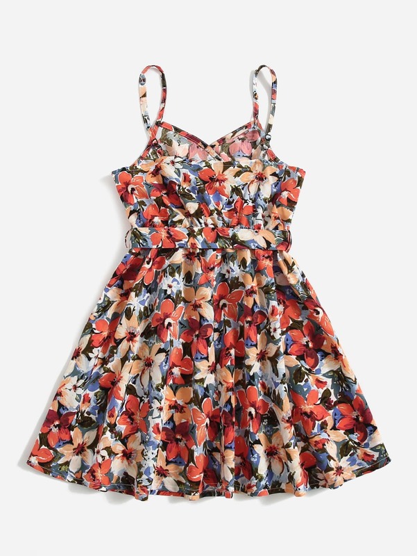 Girls Allover Floral Print Belted Cami Dress SHE
