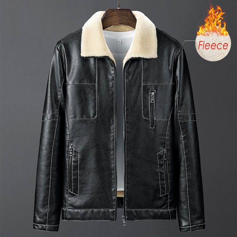 TFU Men Autumn Winter Business Casual TurtleNeck Fleece Leather Jacket Coat Men Spring Pockets Faux PU Leather Jackets 201128