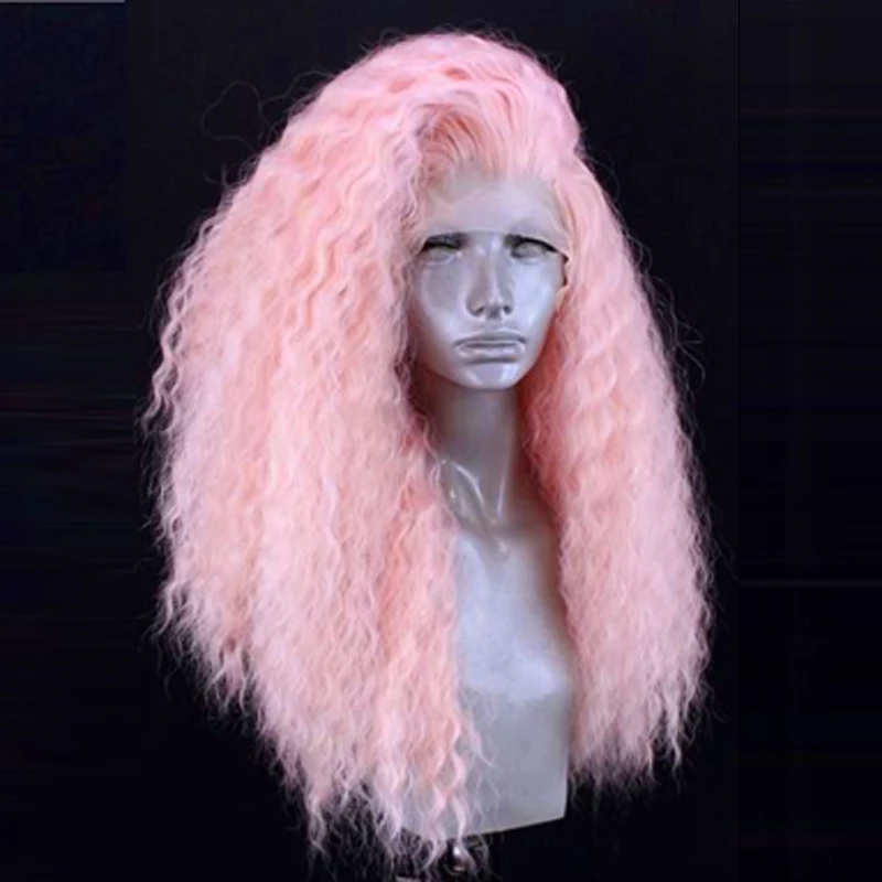 Pink Color Long Curly Afro Wigs Synthetic Lace Front Wig High Temperature Heat Resistant Fiber Hair Lace Wigs For Women