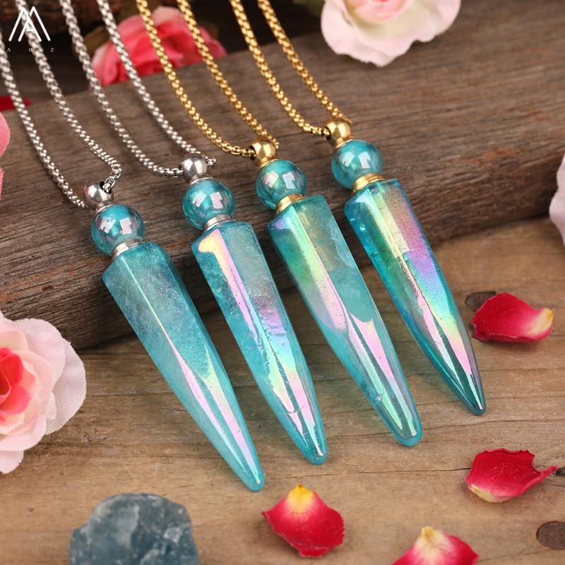 Natural Titanium Blue AB Quartz Stone Stick Point Essential Oil Perfume Bottle Pendant Gold S.Steel Chain Necklace Jewelry Women
Natural Titanium Blue AB Quartz Stone Stick Point Essential Oil Perfume Bottle Pendant Gold S.Steel Chain Necklace Jewelry Women