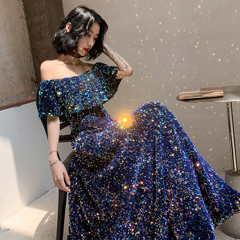 New Sequins Evening Dress Long Vintage Prom Dress Shiny Off the Shoulder Evening Gown ALine Banquet Formal Evening Dress 201114