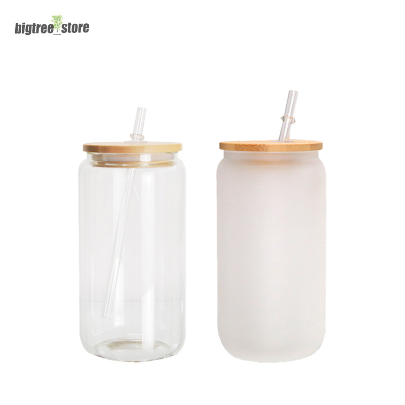 12oz Sublimation Glass Beer Mugs Glass Water Bottle Beer Can Glass Tumbler Drinking Glasses With Bamboo Lid And Reusable Straw Iced Coffee Glasses 16o