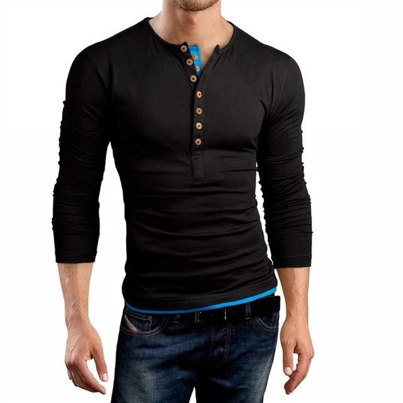 New Gray T Homme Double V Neck Henley Long Sleeve Tee shirt Men Slim Fit T-shirt Xxl 201203