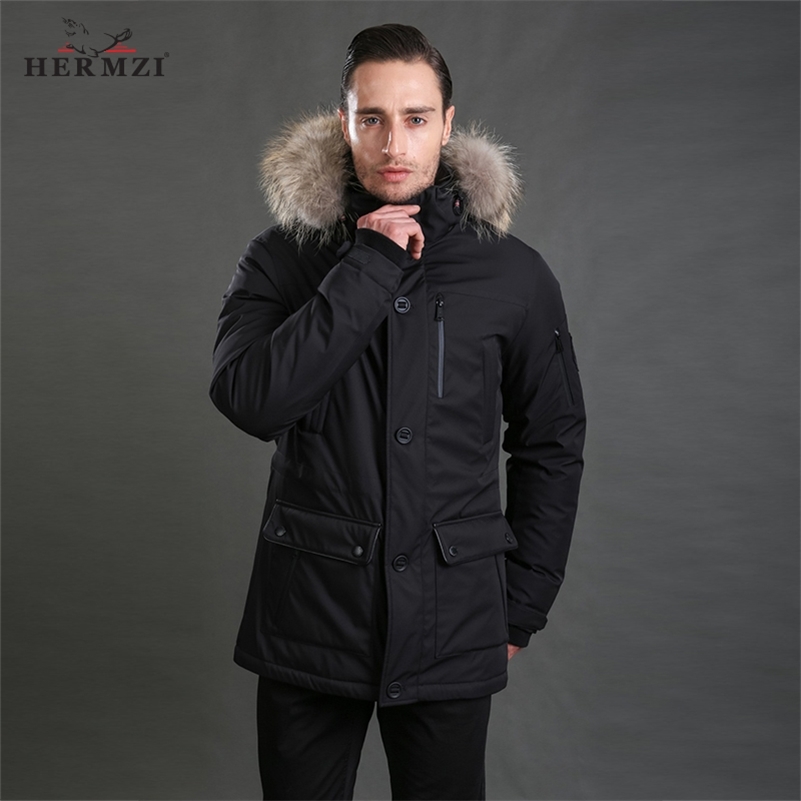 HERMZI Winter Coat 80% Duck Thick Warm Men Long Jacket Down Parka Alaska Real Raccoon Fur 201104