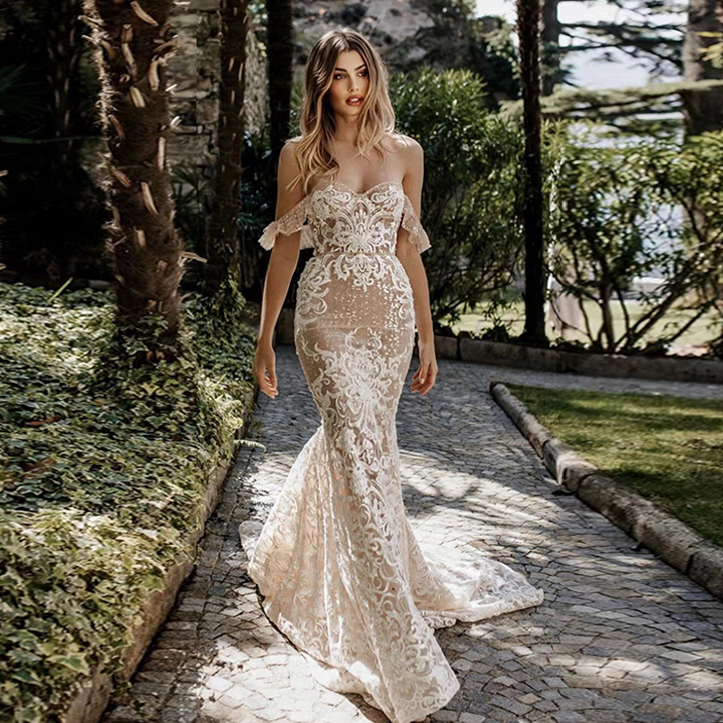 2022 Sexy Champagne Wedding Dress Lace Mermaid Strapless Off Shoulder Bride Wedding Gowns Charming Long Boho Beach Bridal Dresses Custom Made Vestido 