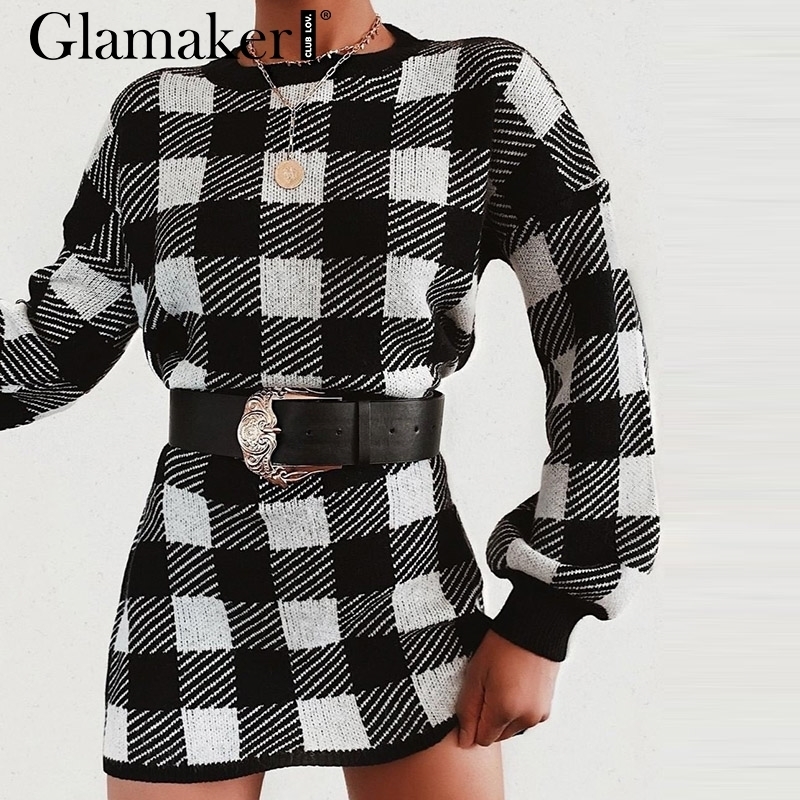 Glamaker Plaid knitted crop sexy autumn Dress women long sleeve winter sweater dress Sexy female fashion party mini dress 201030