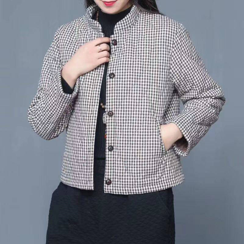 Mom's Autumn Winter Thin Coat Women Cotton Jacket Black and White Plaid Stand Collar Parkas Warm Elegant Female Outerwear office 201019