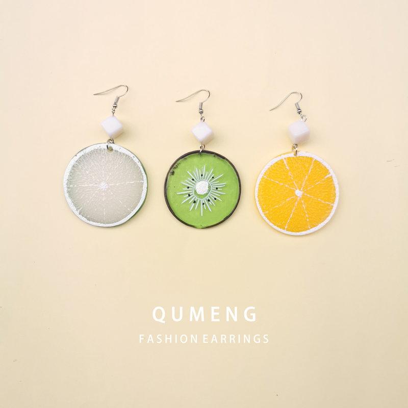 QUMENG New Design cute Fruit Lemon Orange Kiwi Earrings for Women Vacation Beach personality Jewelry Resin Earrings Girls