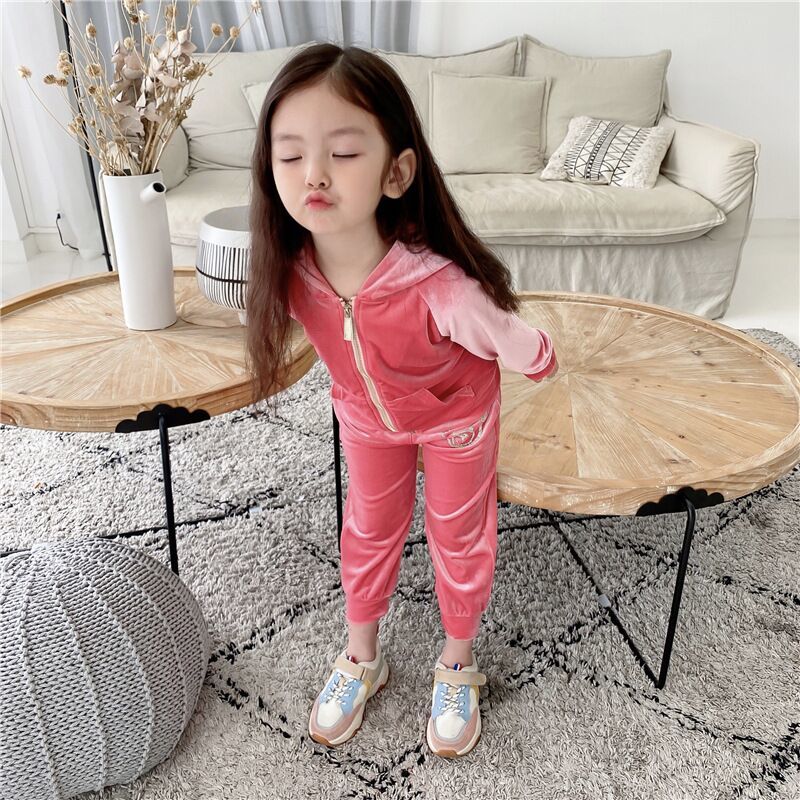 7159 Top brand children's Pink leisure sports suit color diamond decorative velvet clothing home cardigan with hat 3-10 years ol Y1117