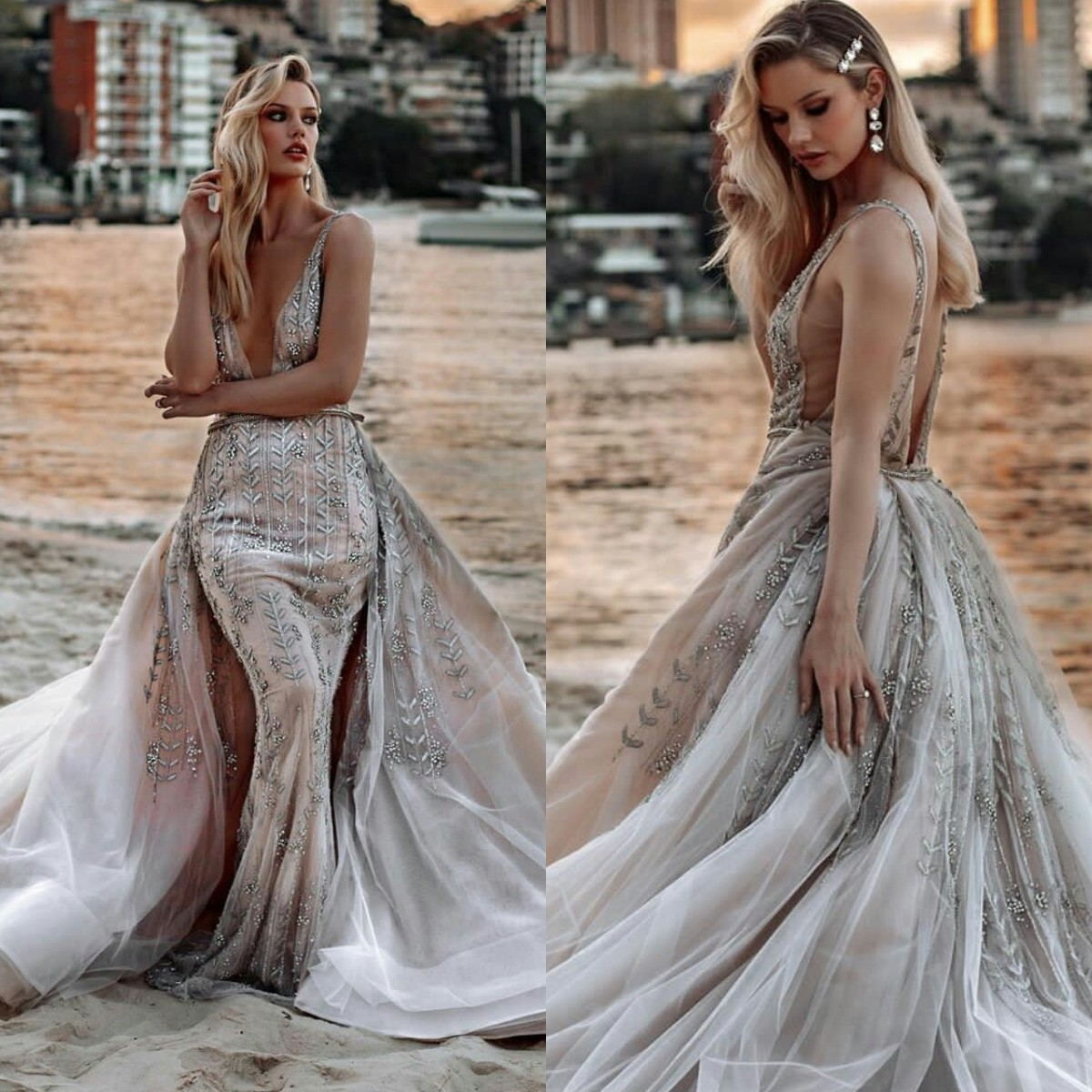 2021 Mermaid Beach Wedding Dresses With Detachable Train Lace Appliqued Beaded Luxury Bridal Gowns Deep V Neck Backless Wedding Dress