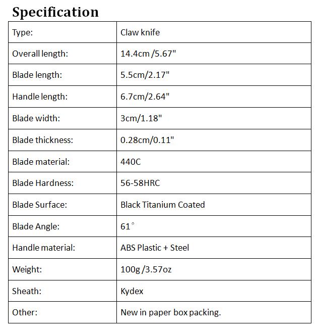 High Quality Karambit 440C Black Serrated Blade Full Tang ABS Plastic Handle Fixed Blades Claw Knives Tactical Knife With Kydex