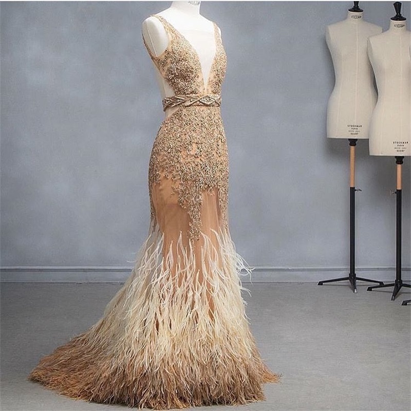Champagne Glitter Prom Dresses Feather Sequins Beads Mermaid Evening Dresses Luxury Sexy V Neck Sleeveless Pageant Dress Custom Made