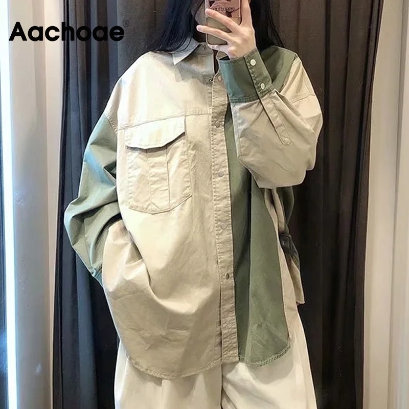 Aachoae Autumn Women Shirt Jakcet Coat Boyfriend Patchwork Jacket Loose Long Sleeve Cotton Coat Ladies Streetwear Tops 201112