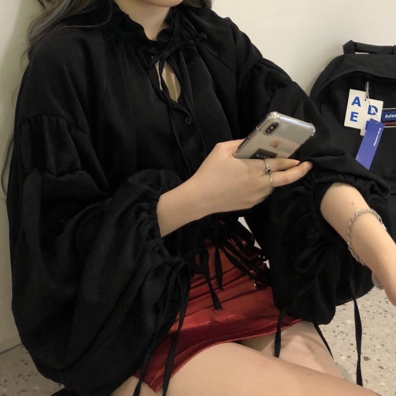 Harajuku korean Japanese style kawaii cute white lace up long sleeve shirts and lace up mini skirts women sets YQ1016 T200325