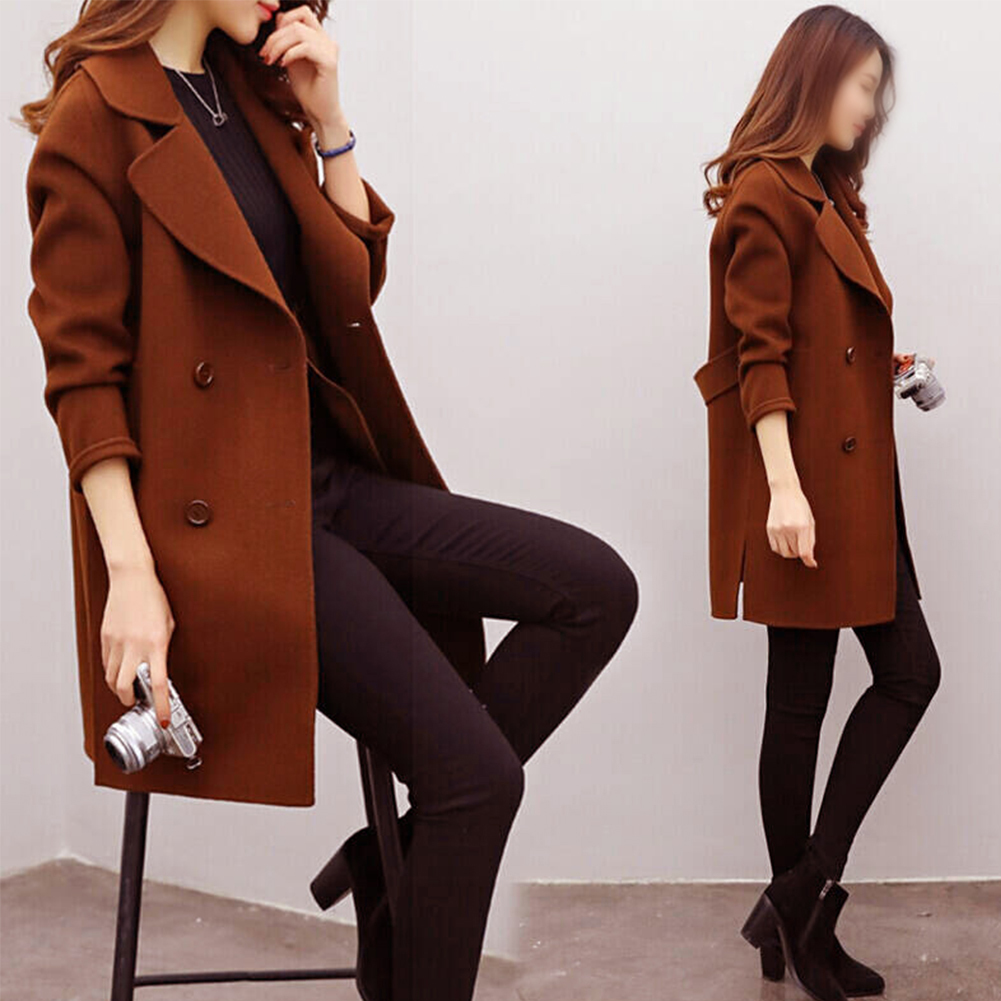 Women Coat Autumn Winter Thickening Fashion Double Breasted Artificial Wool Warm Slim Fit Daily Long Sleeve Turndown Collar T200114